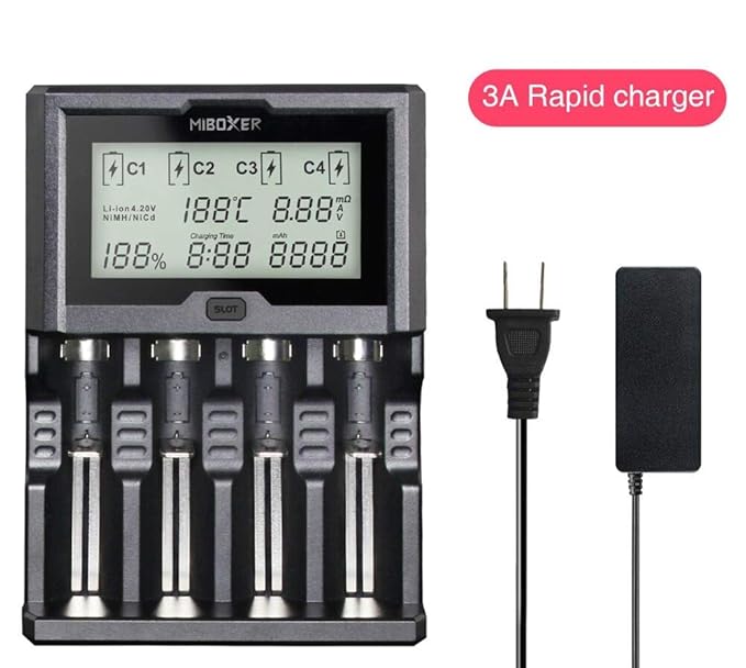 Fastest Battery Charger,MiBOXER 3A/Bay Quick Charging Chargeable 18650 AA AAA D 26650 18490 18350 18500 RCR123 Li-ion/IMR/INR/ICR/Ni-MH/Ni-Cd,LCD Display,Smart Temperature Control