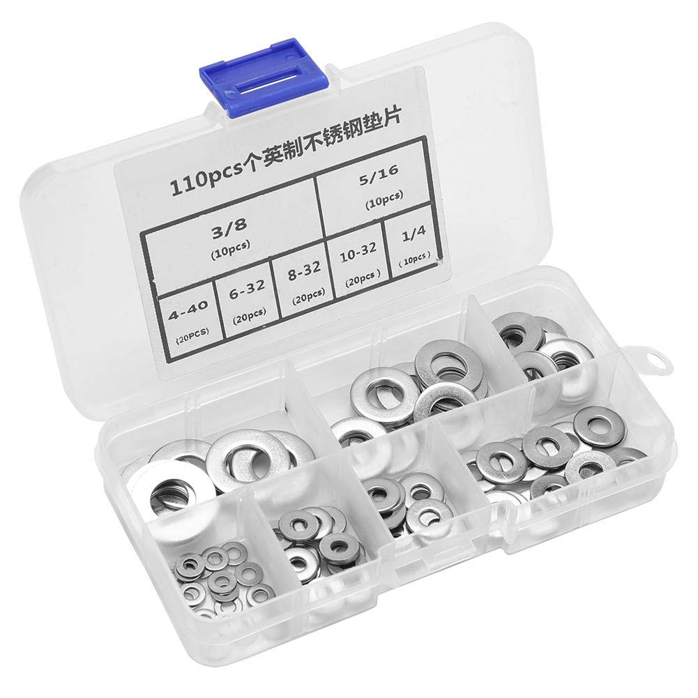 Akozon Washers 110pcs Imperial Standard Stainless Steel Flat Washer Plain Washers Assortment Kit with Box