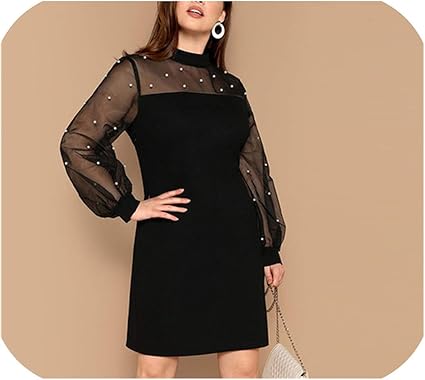 black dress with pearls