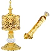Fjxxxn Lightweight Brass-Tone Bakhoor Burner, Middle Eastern Incense Burner | Lightweight thin metal gold oud burner with handle, vented lid and tongs for bakhoor, frankincense resin and charcoal