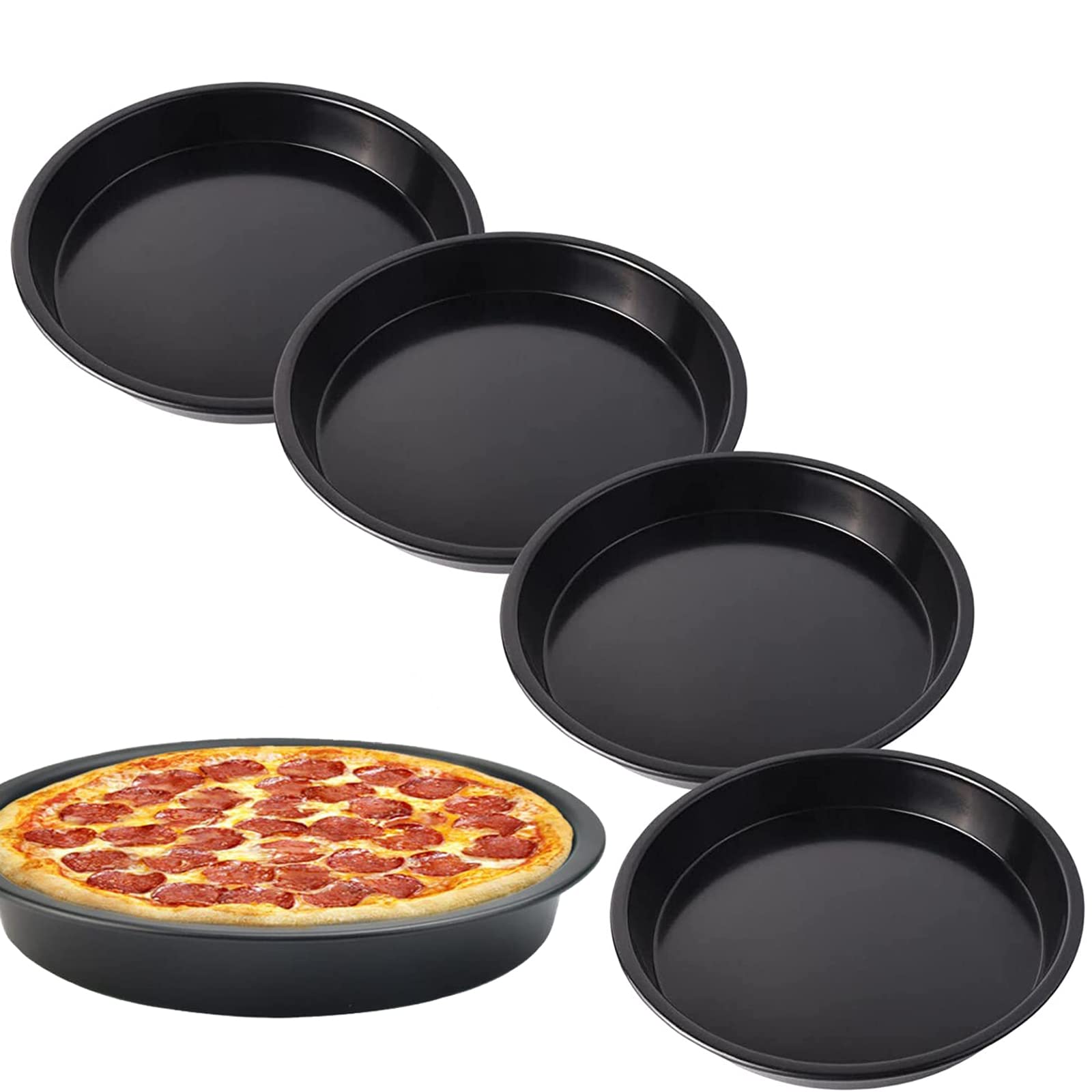 SUpoetry Pizza Pan, 18 cm Round Baking Tray, Carbon Steel, Non-Stick, Set of 4, Black
