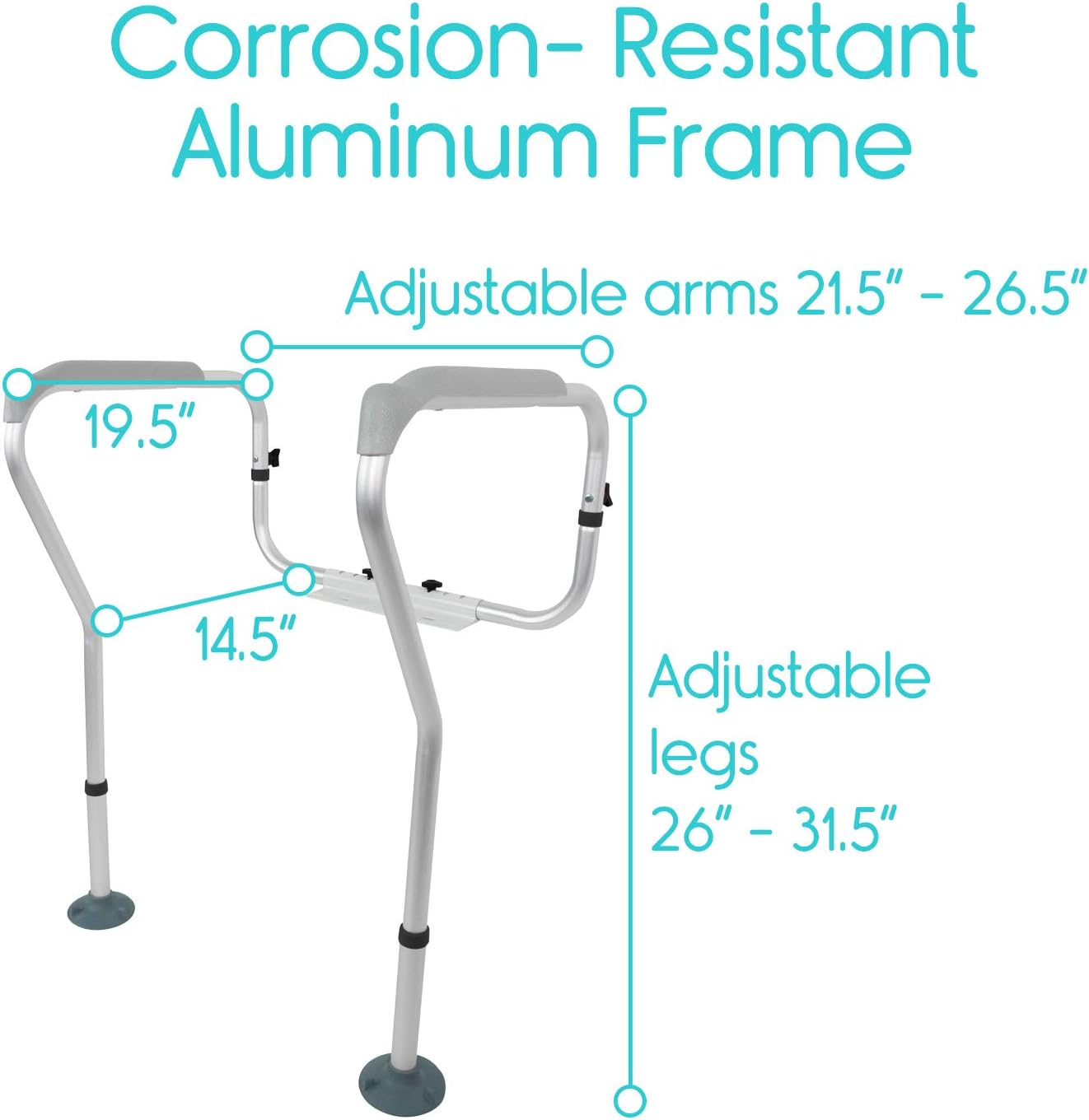 Vive Toilet Rail - Bathroom Safety Frame - Medical Railing Helper for Elderly, Handicap, Disabled, Seniors - Bariatric Assist Handrail Grab Bar - Adjustable Height, Padded Arms Fit Most Toilet Seats - - 