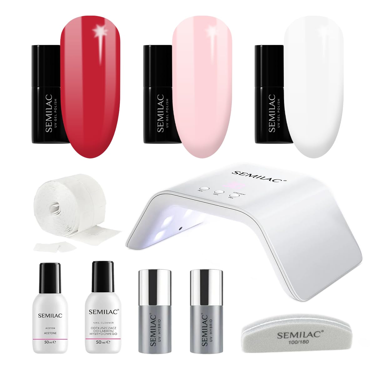 Semilac Try Me Gel Nail Starter Kit, Nail Set For Beginners - 3 x UV Gel Colours 7ml, UV/LED Lamp, Top & Base Coat 7ml, Tools & More For Perfect Manicure Tools & More - White