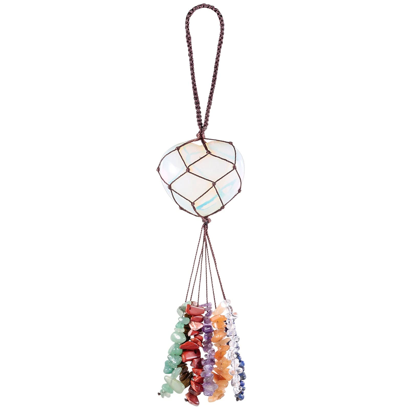 KYEYGWO Opal 7 Chakra Crystal Stone Heart Hanging Ornament, Reiki Healing Love Crystal Hanging Gemstone Heart Shaped Wall Hanging Window Decoration for Home Car Wedding