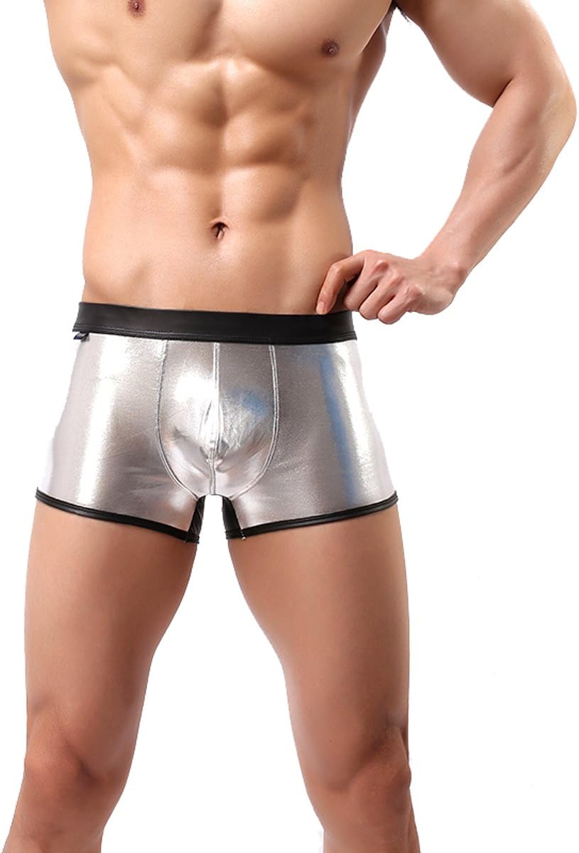 Mens Sexy Metallic Wetlook Tight Boxer Brief Underwear Silver Large