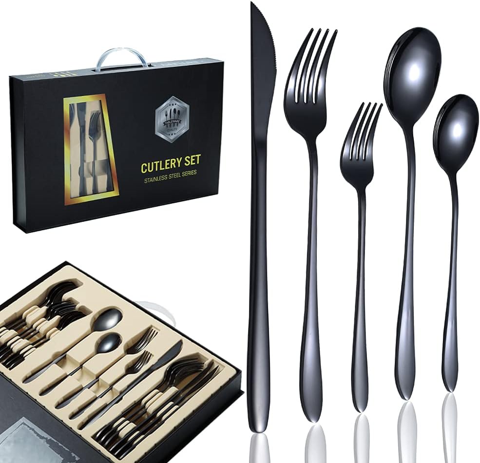 Black Silverware Set, 20 Piece Stainless Steel Reusable Korean Flatware