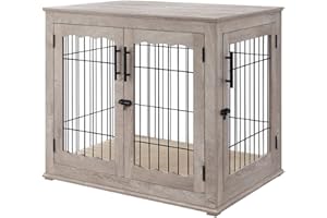 beeNbkks Furniture Style Dog Crate End Table, Double Doors Wooden Wire Dog Kennel with Pet Bed, Decorative Pet Crate Dog House Indoor Medium Large
