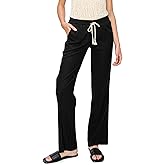 Cali1850 Women's Casual Linen Pants - 29", 32" Oceanside Drawstring Smocked Waist Beach Lounge Trousers with Pockets
