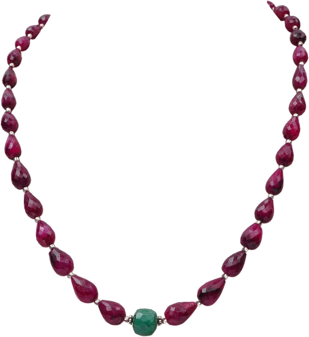 173.30 CARATS SINGLE STRAND NATURAL RUBY & EMERALD 925 STERLING SILVER GEMSTONE BEADED NECKLACE