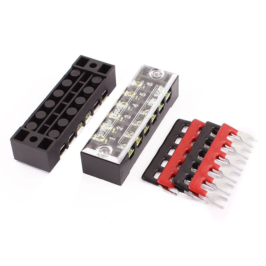 Sourcingmap 2 Pcs 600V 15A 6P Dual Row Barrier Terminal Block Wire Connector Bar + 4 x Terminal Stripes
