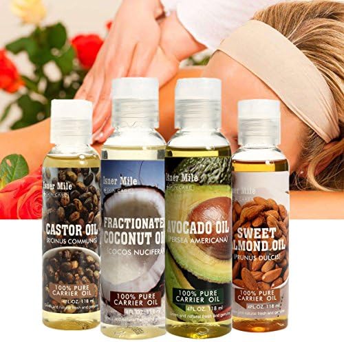 SAISZE Carrier Oil Set for Body Massage - Avocado Oil,Sweet Almond Oil,Fractiona Coconut Oil,Castor Oil,Pack of 4