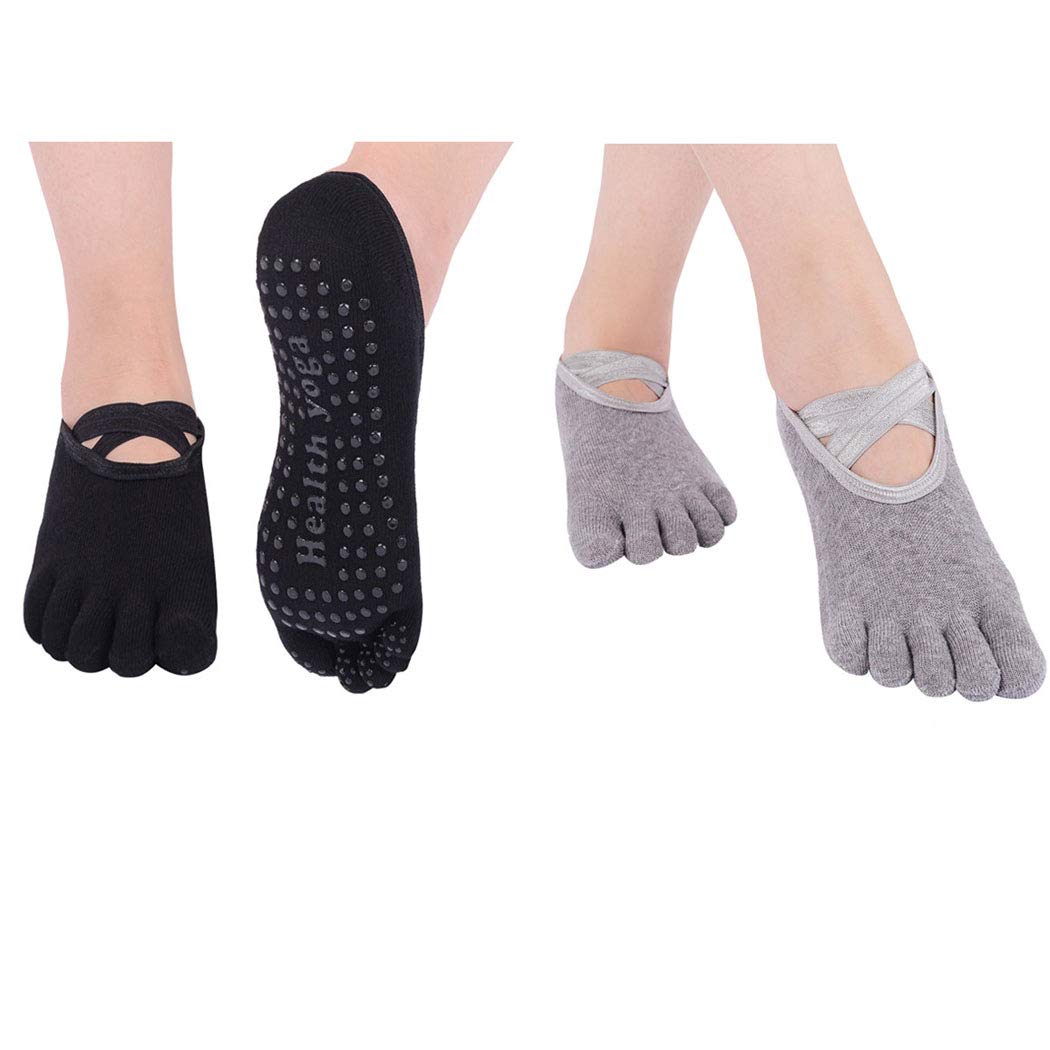 Neoyowo Women\'s Non-Slip Yoga Socks with Full Toe for Pilates Barre Bikram Ballet Studio Hospital Anti-Skid Sox (Black+Grey)