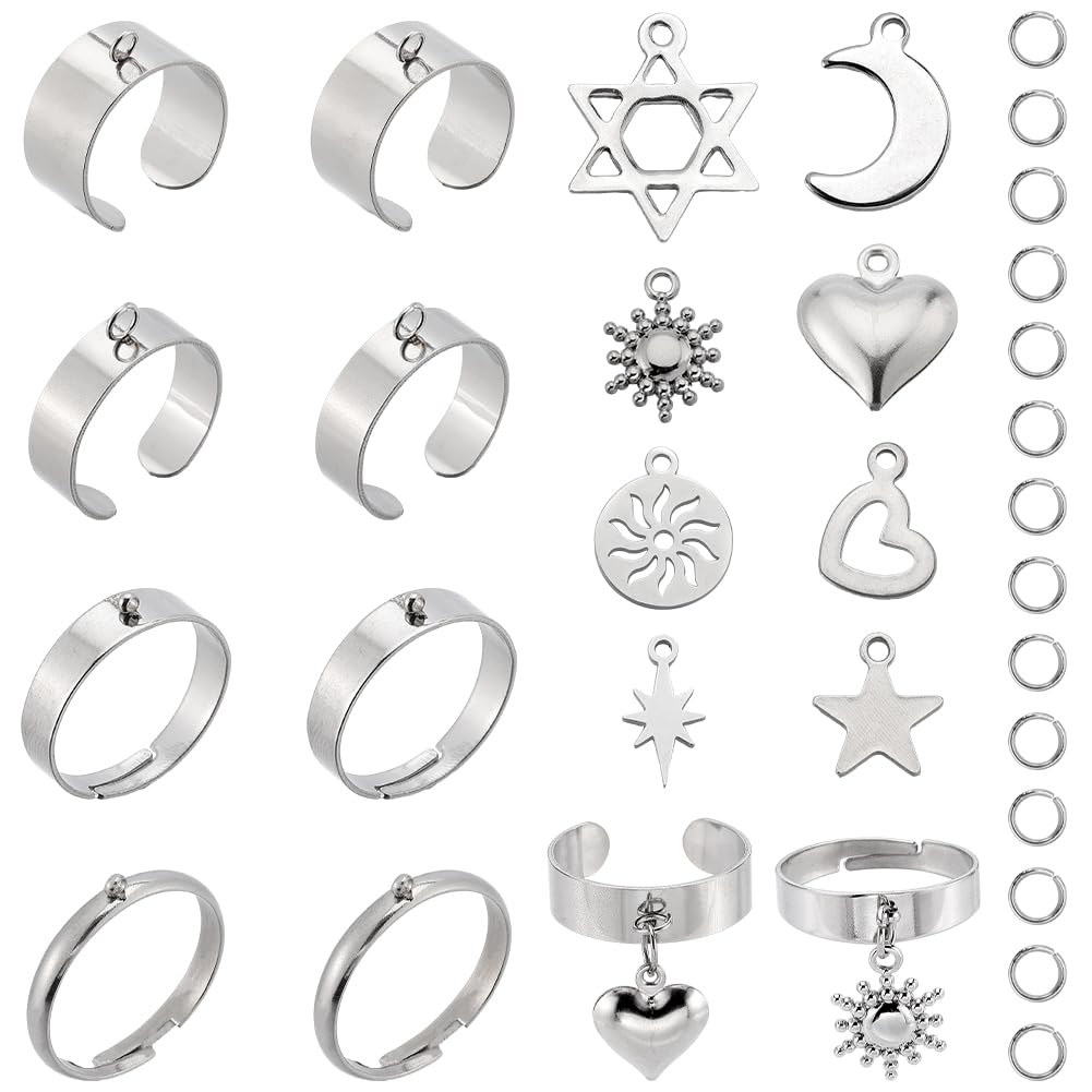 SUNNYCLUE 36PCS Stainless Steel Moon Star Heart Ring Set Silver Punk DIY Jewellery Making Kit