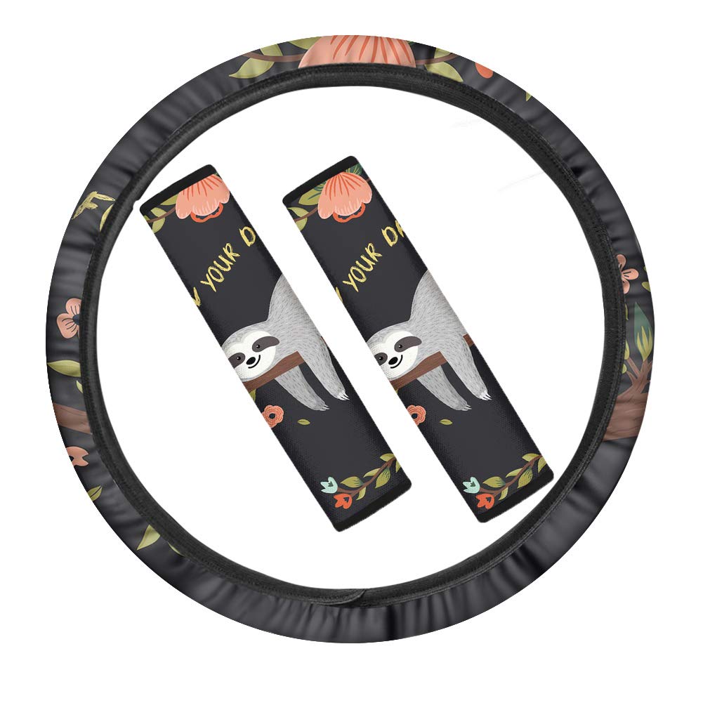 POLERO Cute Sloth Car Steering Wheel Cover 2 Pack Seatbelt Cover for Women Ladies Fashion Auto Accessories Full Set of 3 Pieces