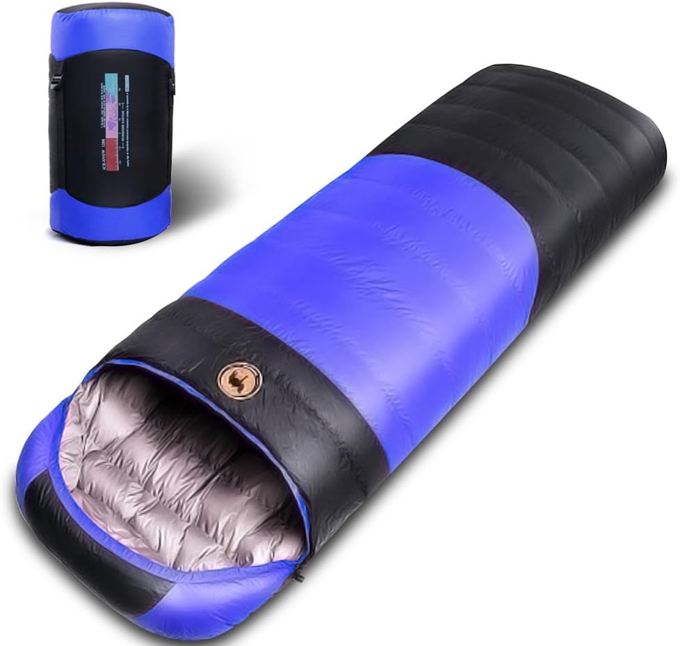 ANGIX Waterproof Duck Down Fill 5°F to 41°F Sleeping Bag 3 Season Adults Camping Hiking, Free Compression Sack Included (Blue Right zip)