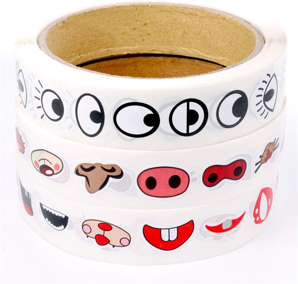 KINMAD Mini Cute Cartoon Black Eye Eye/Nose/Mouth Decal Stickers for Coloring Book Notebook Decor Party Favor, Cute Eyes Self Adhesive Stickers Label for Handmade Crafts DIY Projects -3 Rolls/3000pcs