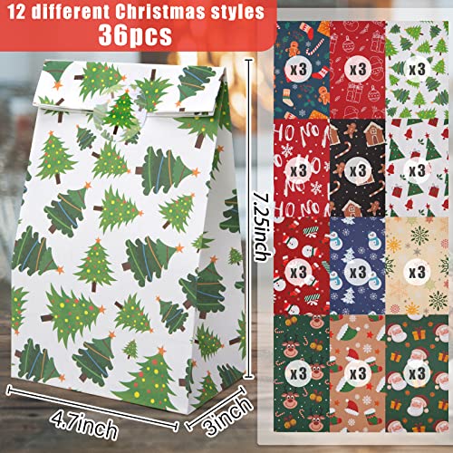 TOXOY 36PCS Christmas Goody Bags, Christmas Paper Candy Bags Bulk Christmas Treat Bags with Stickers for Gift Party Favors Holiday Christmas Supplies