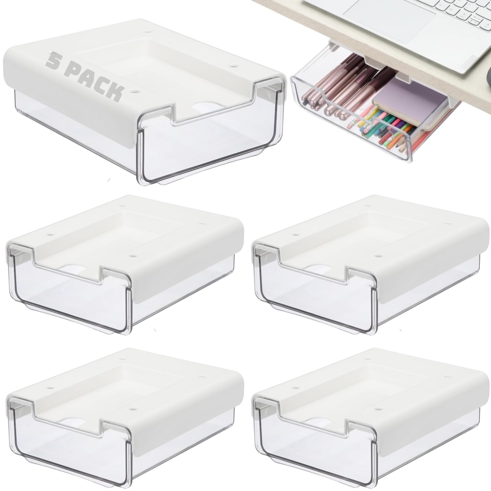 Photo 1 of **ONLY FOUR PIECES** RHBLME 5 Pack Under Desk Drawer, Under Shelf Drawers Slide Out Self-Adhesive Standing Desk Drawer Attachment, Plastic Workspace Organizers for Office Home School