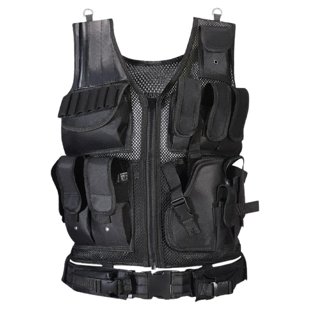 MORABLU Tactical Vest, Survival Games, Military, Tactical Equipment, Multifunctional Mesh Vest, Black, Belt & Holster Included