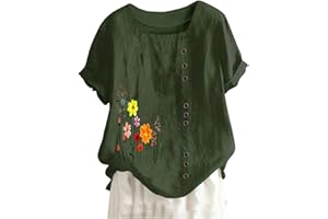 KICILVS Womens Summer Tops Casual Cotton Linen T-Shirts Short Sleeve Round Neck Shirt Oversized Floral Graphic Tees