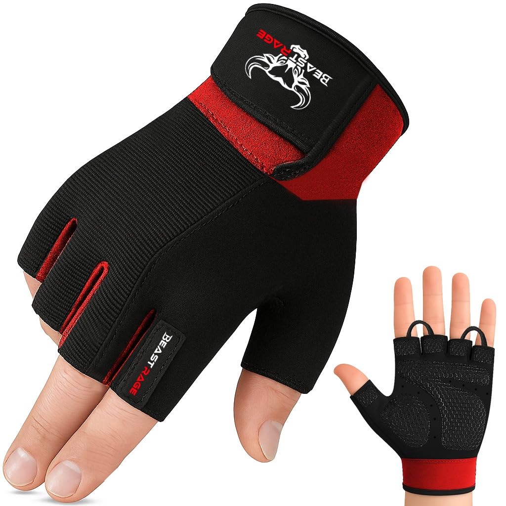 Photo 1 of BEAST RAGE Workout Gloves for Men, Durable Palm Grip Gym Gloves Women Half Finger Elasticated Training Weight Lifting Strength Bodybuilding Anti Slip Cycling Gloves Exercise (Red, XL)