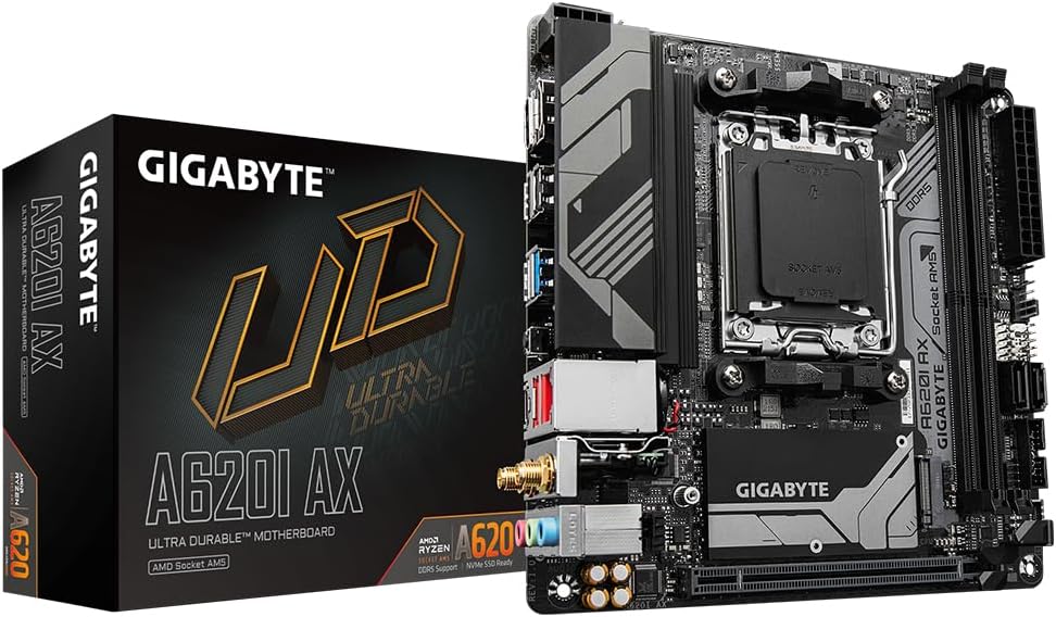 Gigabyte A620I AX Motherboard Ryzen 8000 DDR5 Wi-Fi 6E 2.5GbE LAN PCIe 4.0 M.2