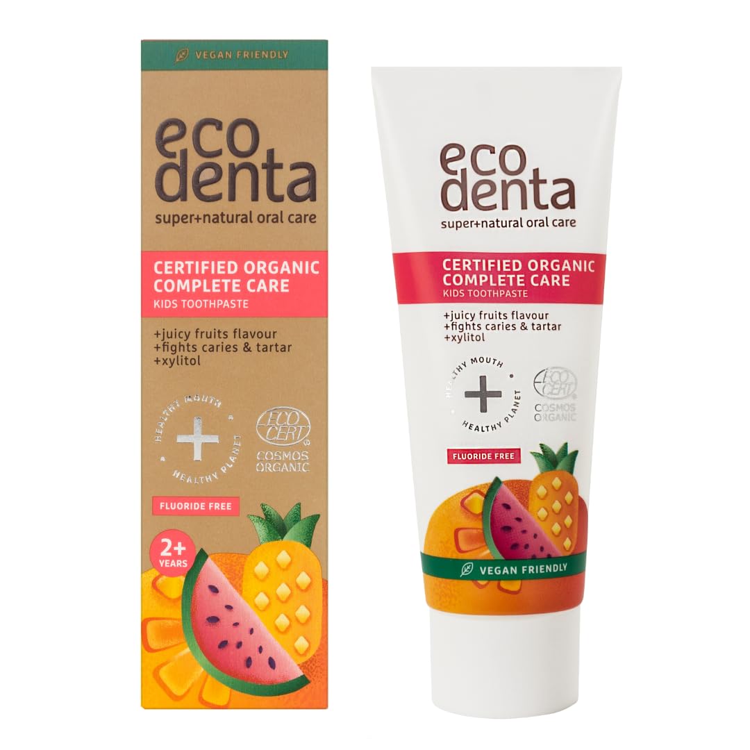 Ecodenta Kids Toothpaste Fluoride Free - Certified Organic Juicy Fruit Natural Childrens Tooth Paste Bubblegum Taste 75ml