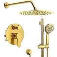 SR SUN RISE 12 Inch Brushed Gold Shower System, Wall-Mount Adjustable 16-Inch Slide Bar with 6-Function Hand Shower Faucet Included Valve and Trim Kit