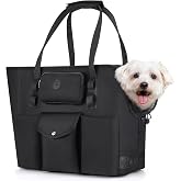 SlowTon Dog Purse Carrier - Portable Dog Carrier with Pockets &amp; Safety Leash for Small Dogs Under 12 lbs, Breathable Pet Tote Bag for Cat Rabbit Outing, Travel, Vet (Black)
