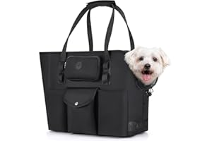 SlowTon Dog Purse Carrier - Portable Dog Carrier with Pockets & Safety Leash for Small Dogs Under 12 lbs, Breathable Pet Tote Bag for Cat Rabbit Outing, Travel, Vet (Black)