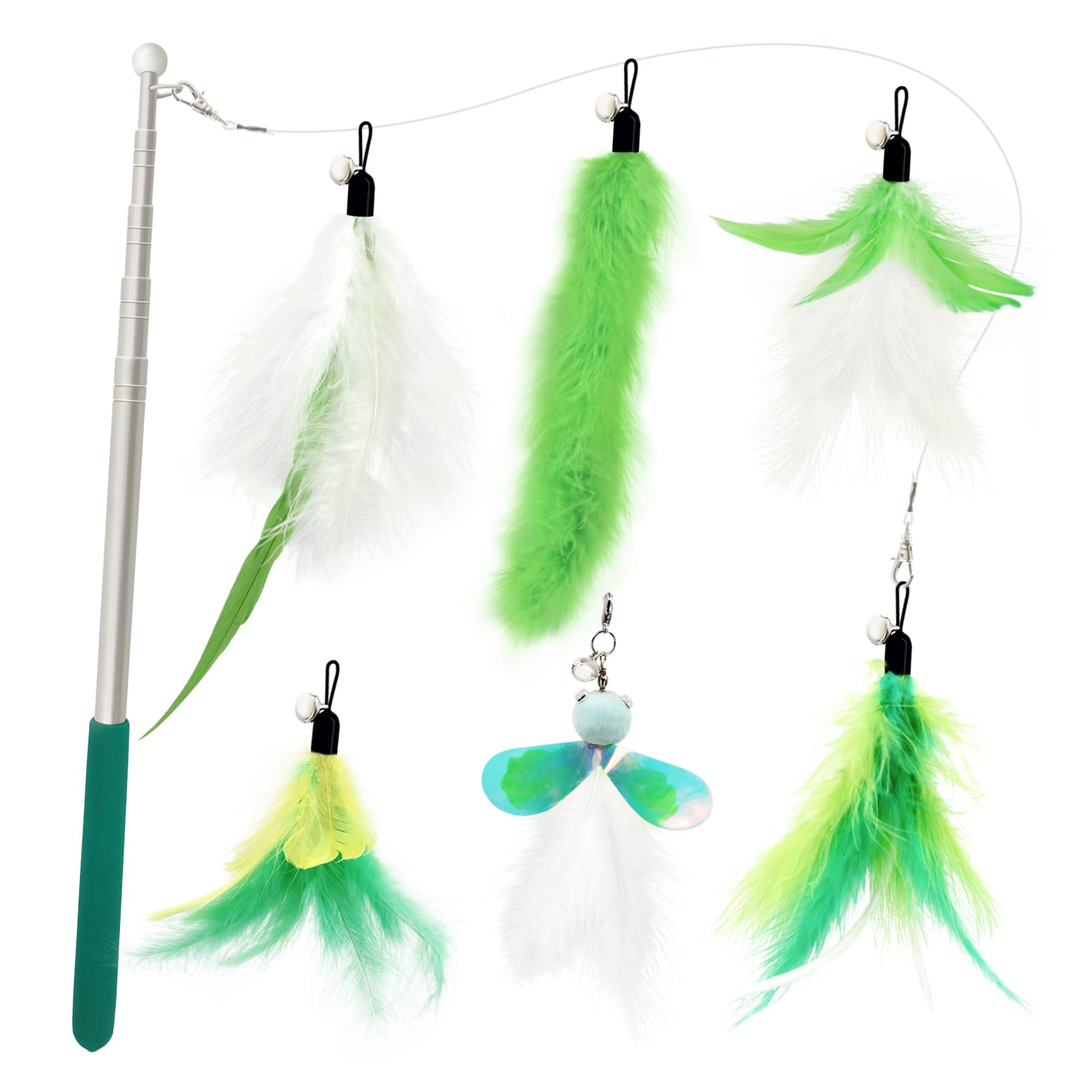 SONGWAY Cat Toy Feather Wand - 7 Pcs Interactive Cat Toys for Indoor Cats Kittens, 1 Retractable Teaser Wand with 6 Cat Feather Toy Refills, Cat Fishing Rod Toys, Green