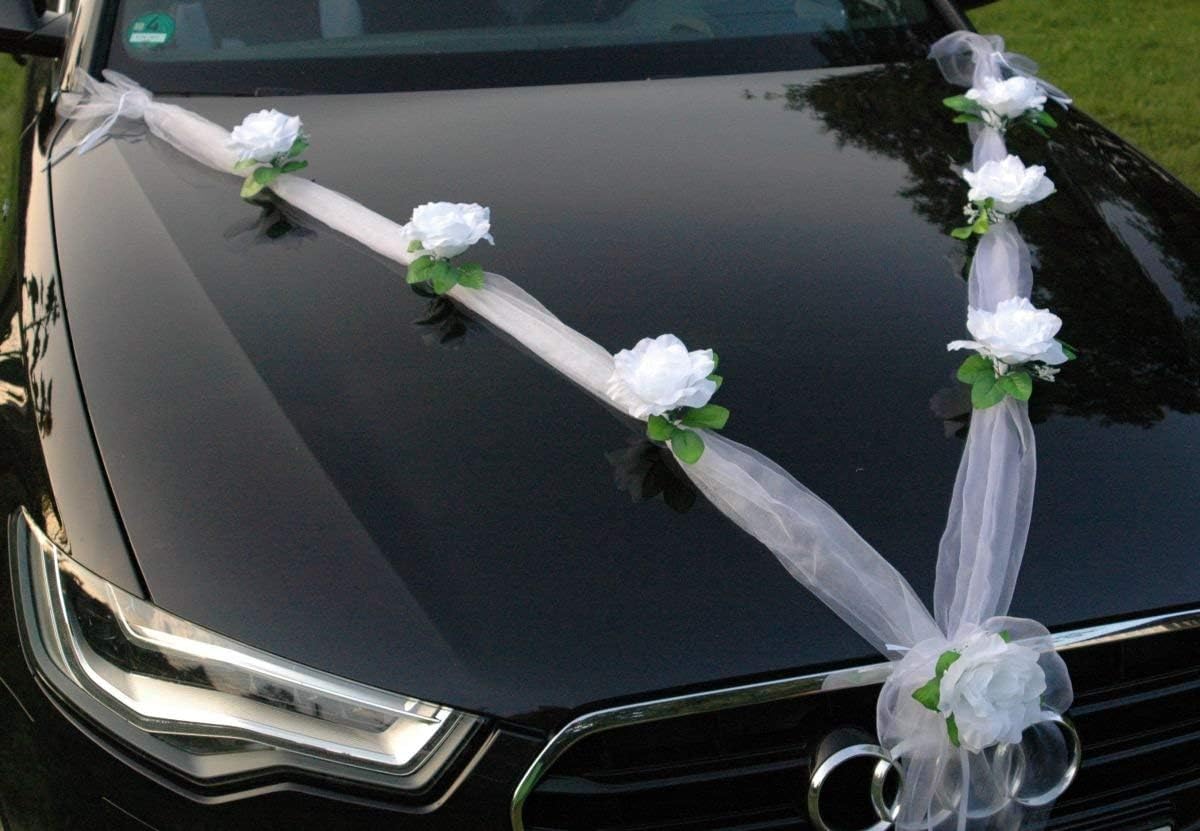 Organza M Auto Schmuck Braut Paar Rose Deko Dekoration Hochzeit Car Auto Wedding Deko Girlande PKW (Reinweiß/Weiß) - Image 3