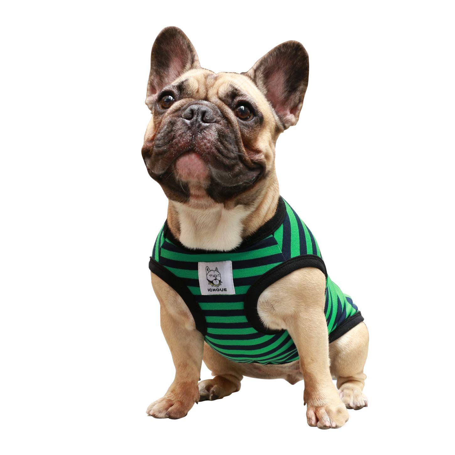 iChoue Pug Striped T Shirts Clothes for Medium Dogs Vest Tank Tops Puppy Small French Bulldog Frenchie English Boston Terrier Pitbull Green Black Strips - S โ image 1