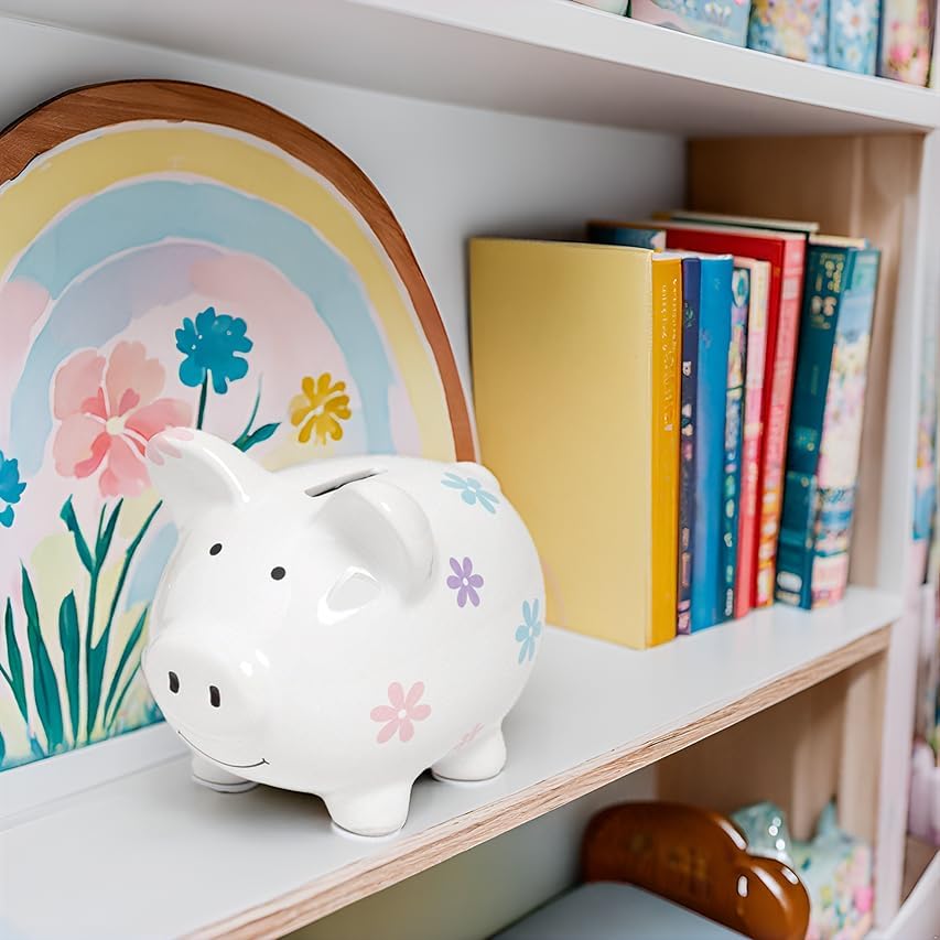 Kate & Milo Mini Floral Piggy Bank, Ceramic Money Bank for Kids, Ideal Newborn Keepsake, Toddler Gift, Cute Baby Girl Nursery Decor, Flower Design