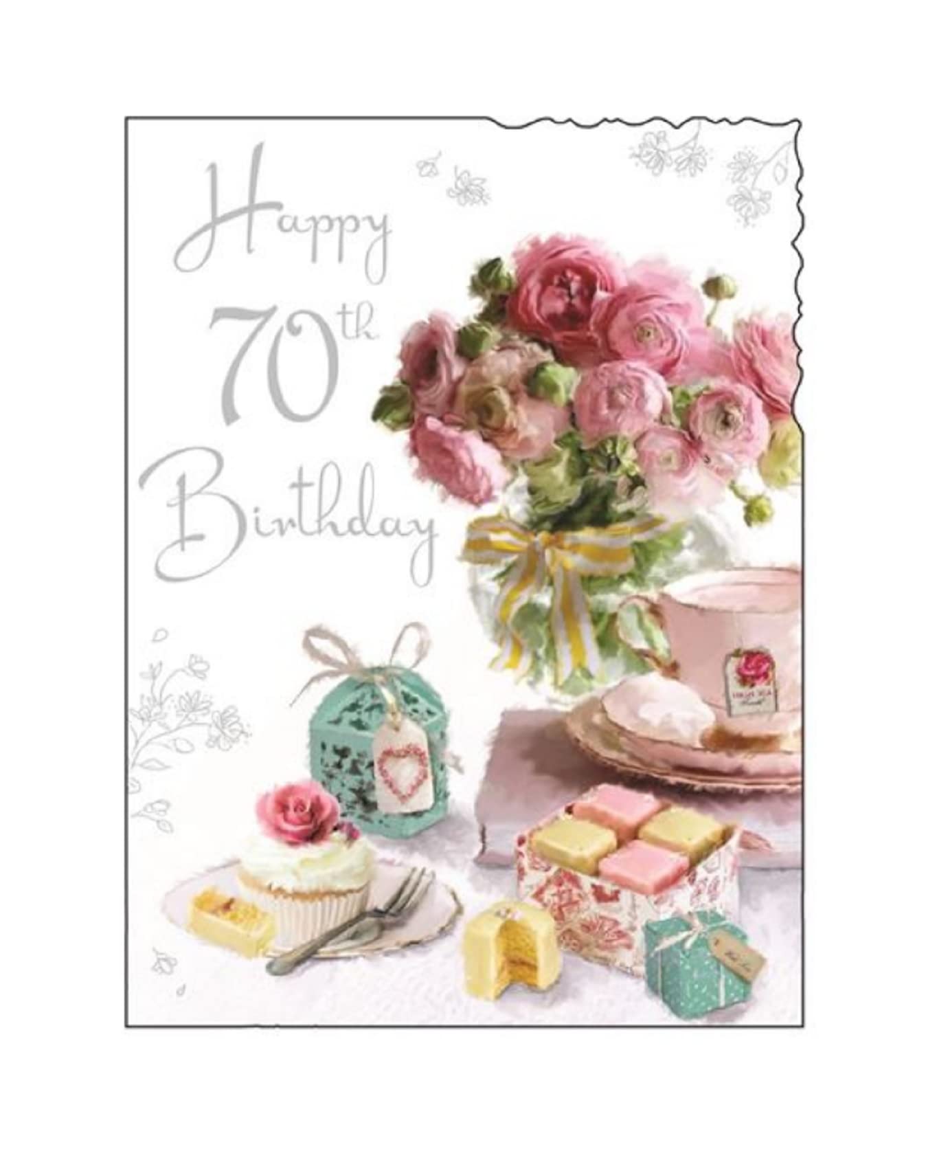 Greeting Card (JJ4061) Female 70th Birthday - French Fancies and Pink Flowers - Foil Embossed Finish