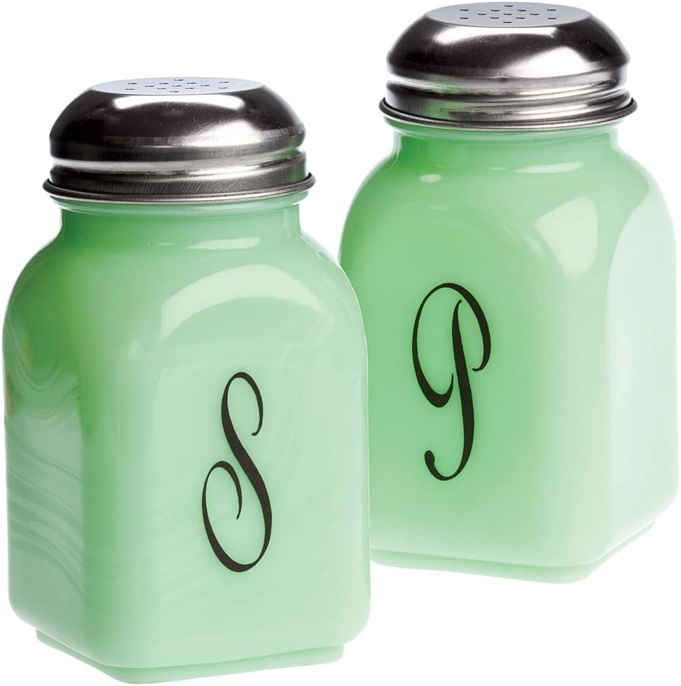 Salt Pepper Script Jadeite Green Milk Glass Salt & Pepper Shaker Set