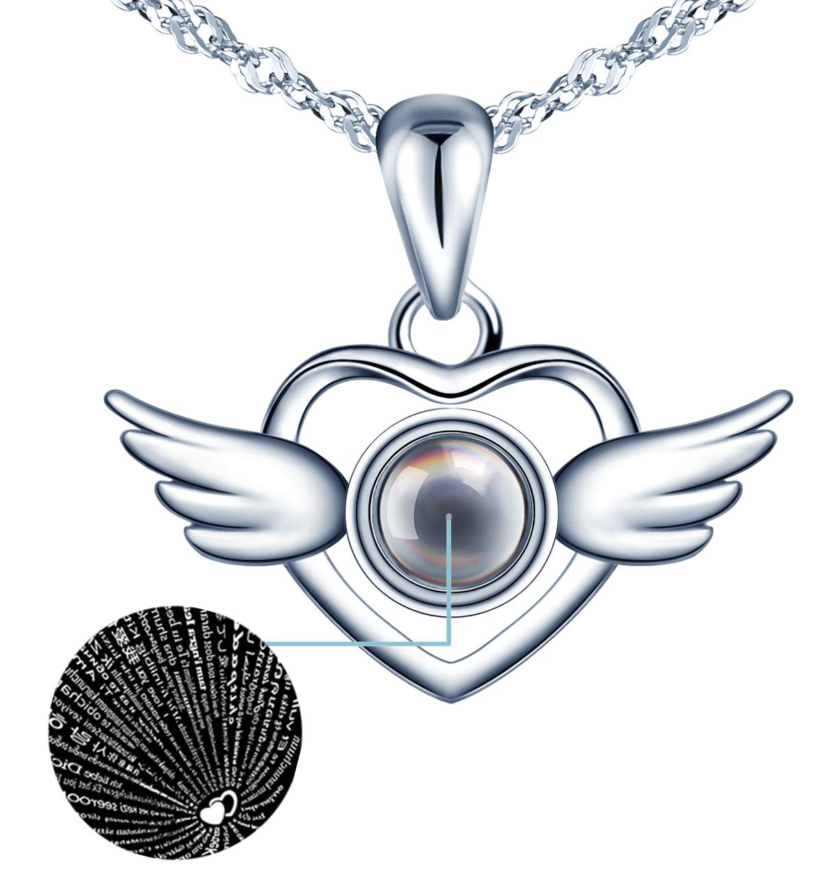 Women's 925 Sterling Silver Necklace, Heart necklace pendant inlaid with gems, and "I love you" in 100 languages projection, elegant, gift for Birthday, Valentine's Day and Christmas