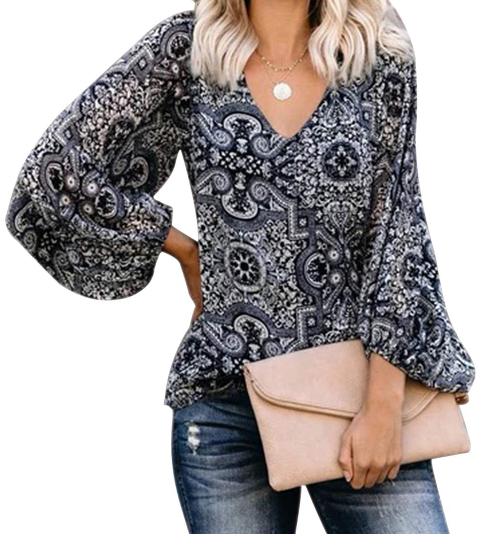 BABEIYXM Women\'s V Neck Boho Tops Balloon Sleeve Chiffon Blouses Paisley Print Casual Work Shirts M