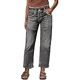 Flamingals Straight Leg Crop Jeans for Women Wash Raw Hem Mid Waist Jeans