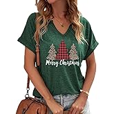 Earlymemb Womens Christmas V Neck Shirt Funny Xmas Holiday Graphic Short Sleeve Tee Family Holiday T-Shirt Blouse