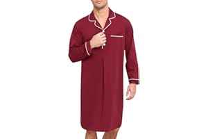 SWOMOG Mens Nightgown Long Sleeve Sleep Shirt Big & Tall Nightshirt Button Down Pajama Comfy Nightwear M-XXXL