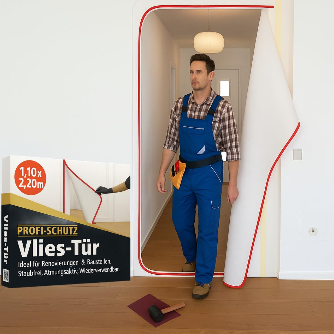 Dust protection door (fleece) including zip, dust protection, construction door, 1.10 x 2.20 m for renovations and conversions, made of dust-proof polypropylene fleece (PP)