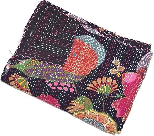 khushvin Tropicana Blanket Twin Size Indian Kantha Quilt Floral Print Throw Handmade Bedspread Gypsy Bedcover Beach Throw Kantha Yoga Mat Reversible
