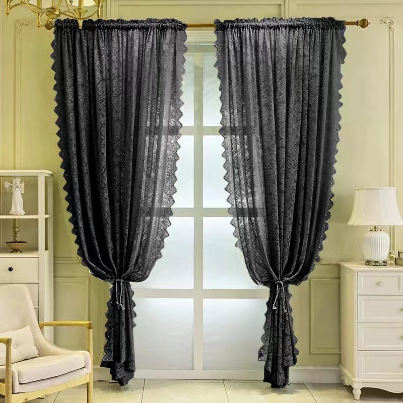 F-CHU Net Curtains 90 Drop Pair Black Luxury Lace Net Curtain for Living Room or patio French Themed Décor 140cm Width x 229cm Drop (55"x 90") Black Curtains