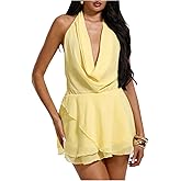 MakeMeChic Women's Draped Front Halter Dress Tie Open Back Tiered Ruffle Mini Dresses
