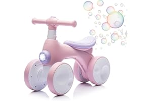 JoyRydz Baby Balance Bike 1 Year Old with Music, Lights, Bubble Machine, 4 Wheels Pedal-Less Toddler Ride on Toys for 12-36 Months Birthday Gift, Toddler boy Toys Ride on car (Pink)