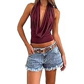 Women Cowl Neck Halter Tops Sexy Sleeveless Open Backless Draped Front Summer Going Out Plunge Tops