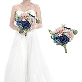HOMENERGY Bridesmaid Bouquets for Wedding - 7 Inch Artificial Flowers Bouquets for Ceremony Anniversary Centerpieces Decorations - Navy Blue & Dustyblue & Pink