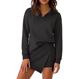 Fisoew Womens 2 Piece Skirt Sets Half Zip Sweatshirt Athletic Skorts | Long Sleeve, Tennis, Golf, Active Outfits, Loose Fit,