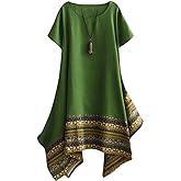 Minibee Women's Ethnic Cotton Linen Short/Long Sleeves Irregular Dress